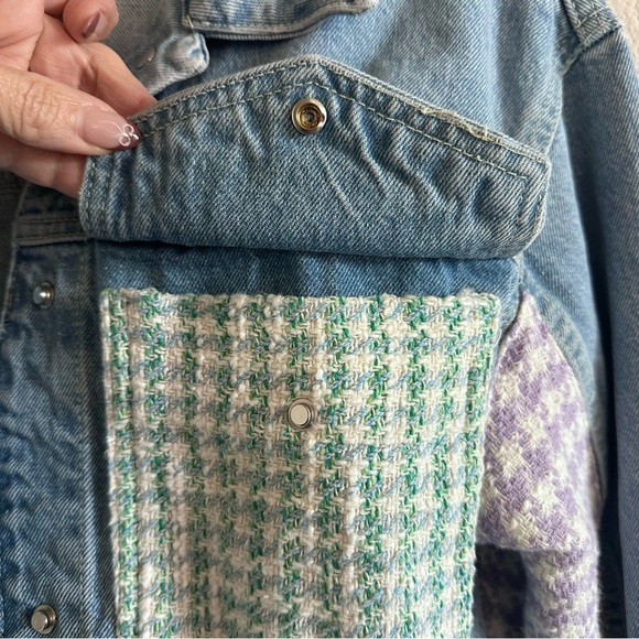 Zara Light Denim Jean Jacket Plaid Patchwork Flower Snaps XS - Picture 8 of 15